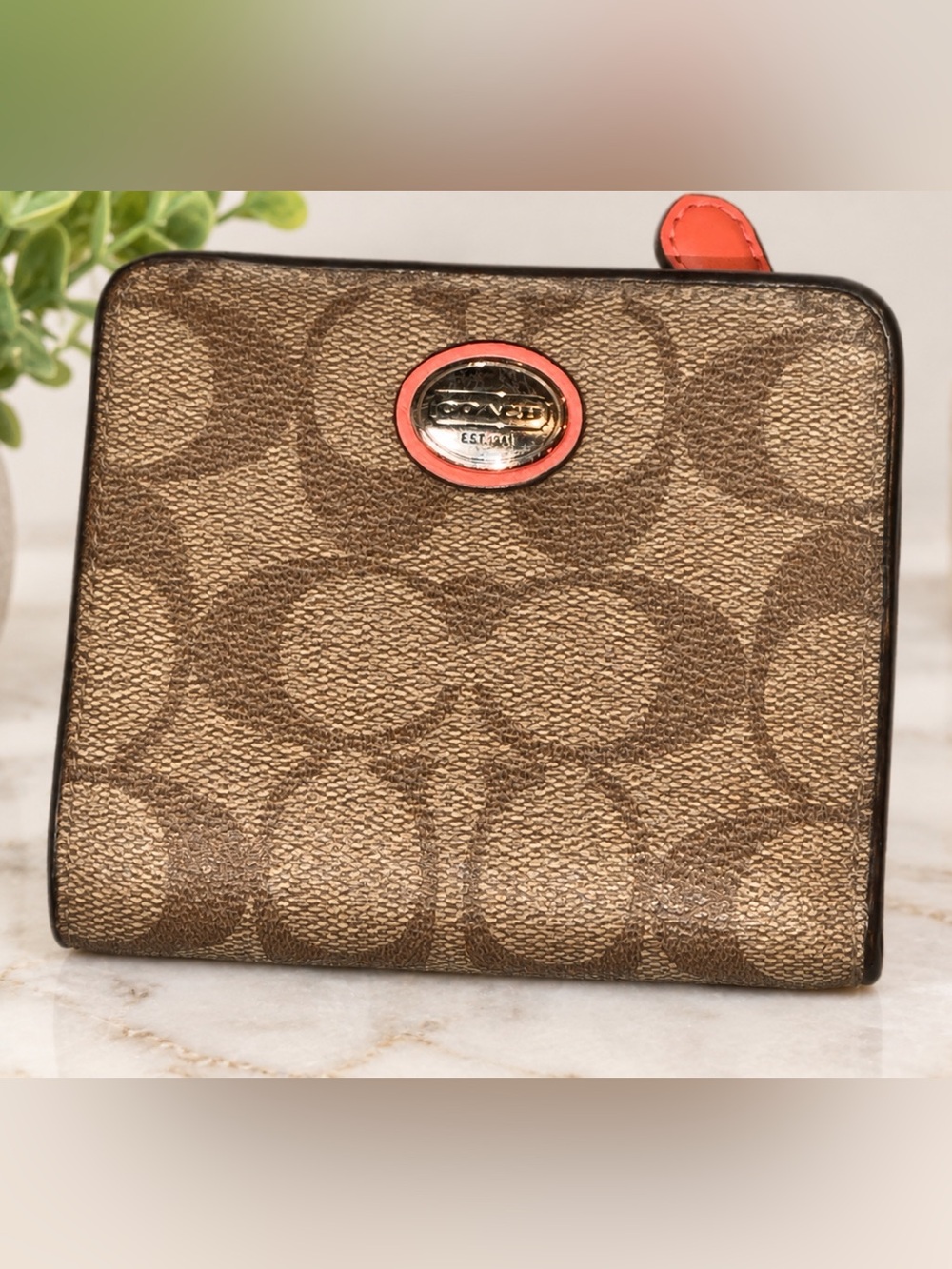 Coach Signature Canvas Small Wallet in Brown with Coral Accent